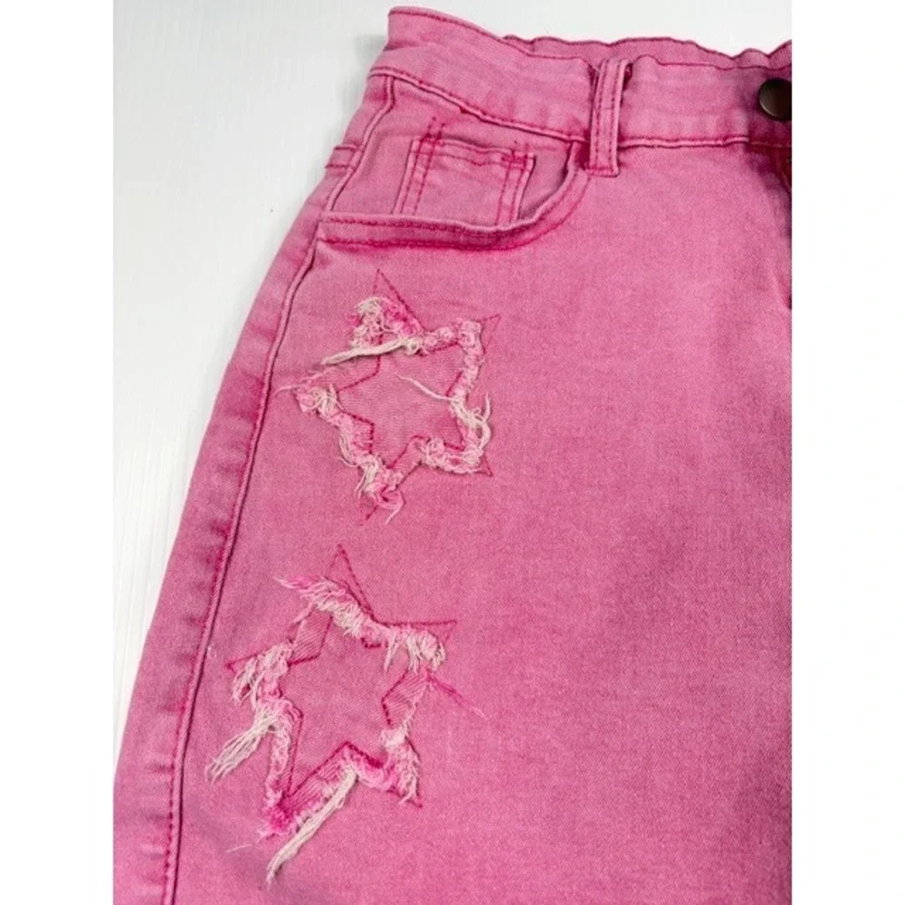 Y2K Pink Denim Two‎ Piece Set Crop Vest Raw Hem Star Cutout Shorts Size Small